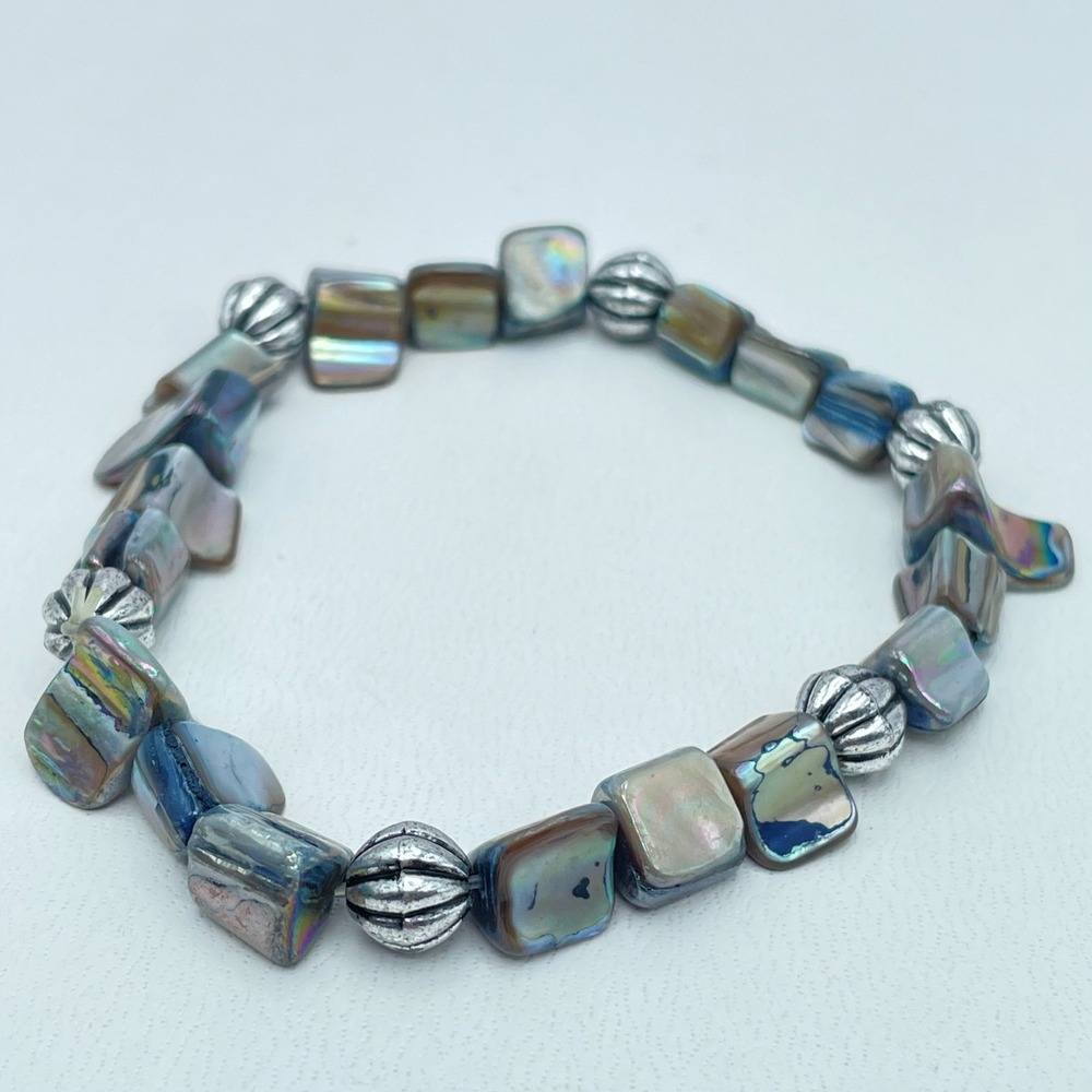 Vintage Y2K Abalone Shell Bracelet Silver Tone Beaded Boho Statement Jewelry 90s